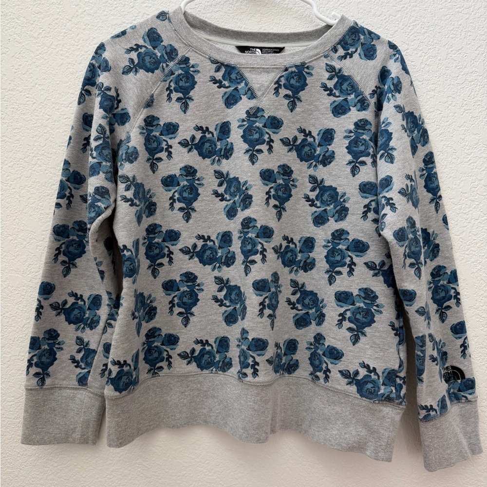 The North Face Gray Sweatshirt with Blue Rose Print women’s size medium